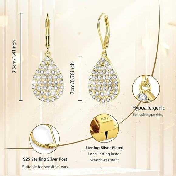 14K Gold Plated Sterling Silver Dangle Heart Waterdrop Earring - Picture 3 of 5